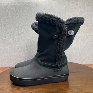 Crocs  Modessa Boot Women's Size 7 Black Faux Fur Suede Button Synthetic Slip On